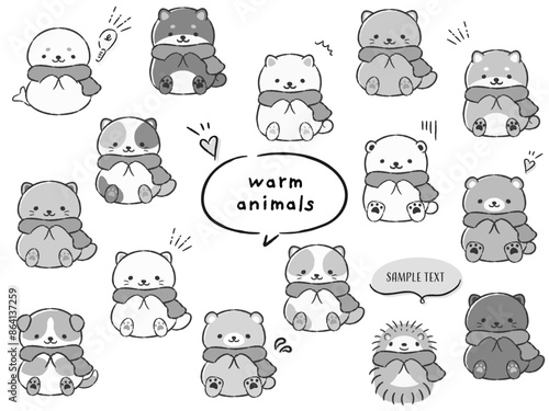 マフラーを巻いた手描きの動物セット(ふきだし・記号付き)