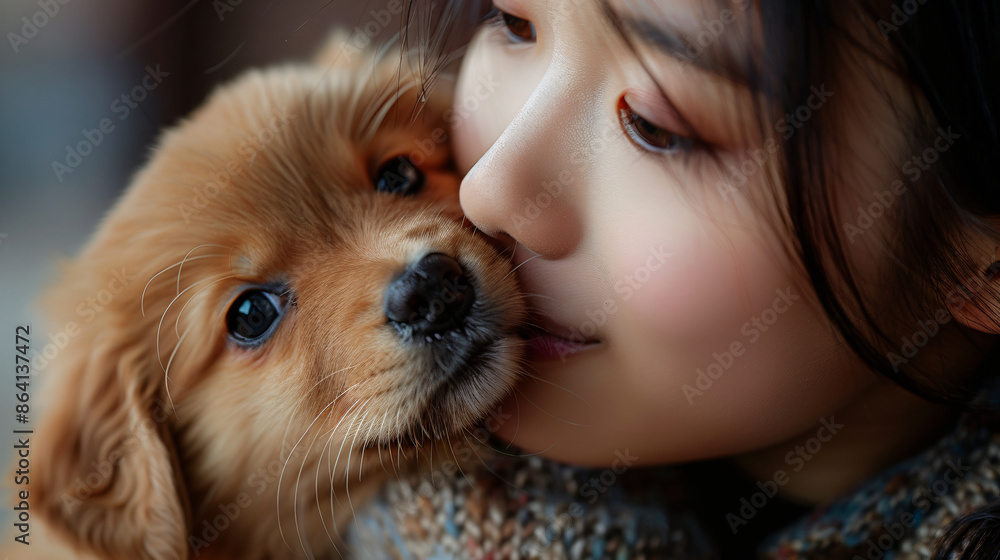 Puppy dog kissing with owner o portrait , studio shooting high quality photo pet background, wallpaper, wall art Puppy dog kissing with owner o portrait , studio shooting high quality photo pet background, wallpaper, wall art