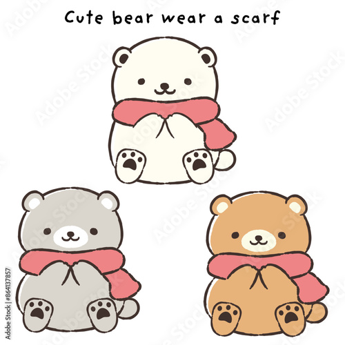マフラーを巻いた手描きのクマのイラストセット