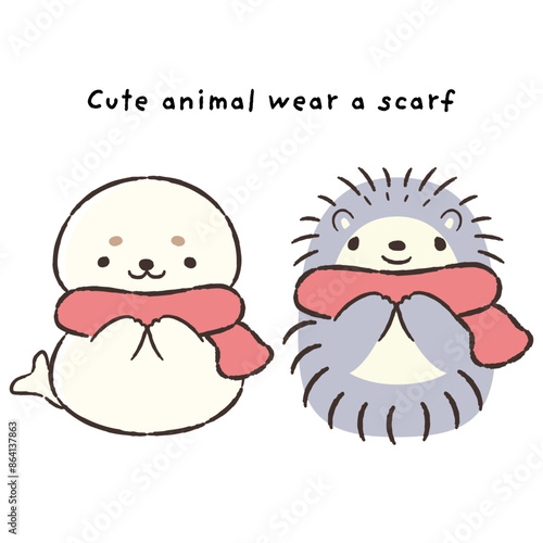 マフラーを巻いた手描きのアザラシとハリネズミのイラストセット