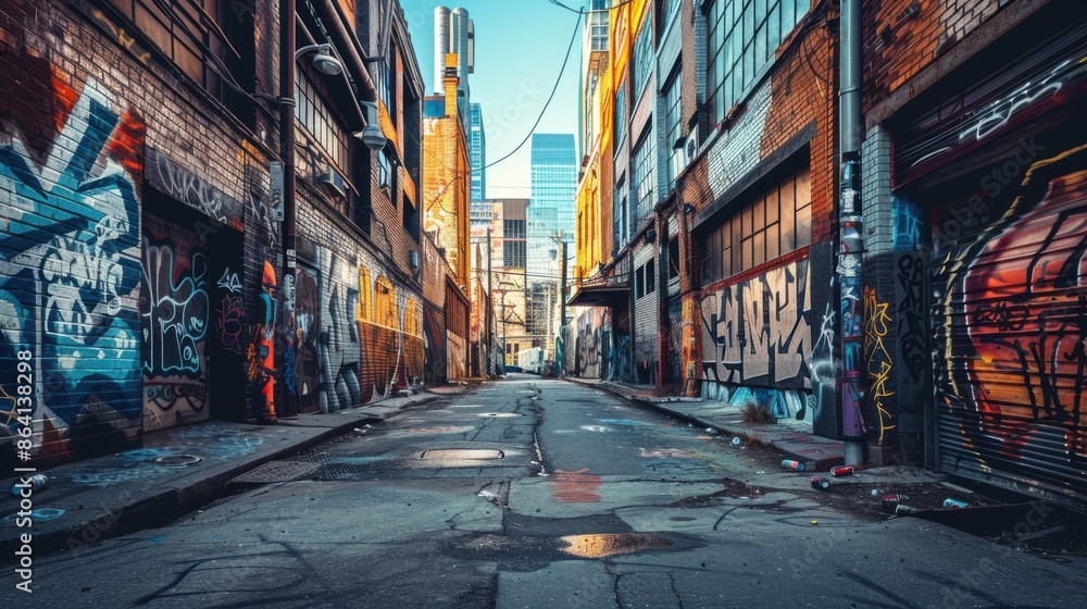 Graffiti-covered alleyway in an urban neighborhood Graffiti-covered alleyway in an urban neighborhood