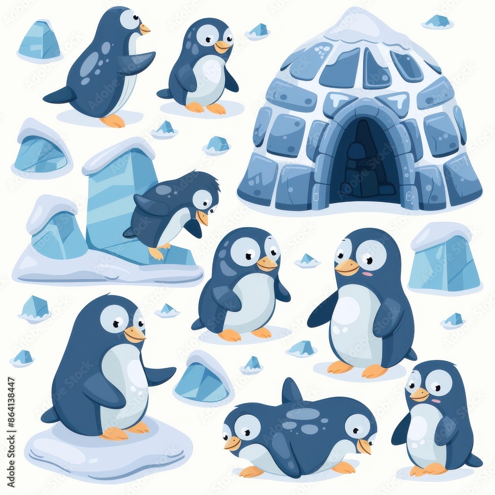 Obraz premium A set of four penguins in various poses, with one of them holding a baby penguin