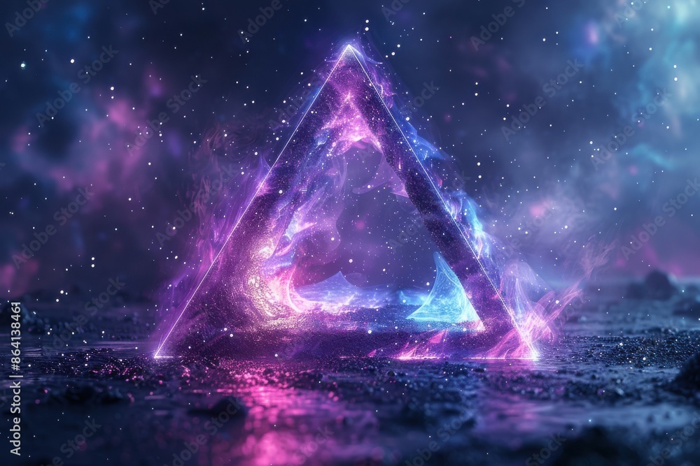 A purple and blue triangle is lit up in the dark A purple and blue triangle is lit up in the dark