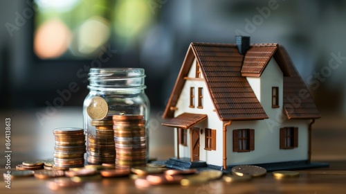 A jar full of coins sits on a table next to a model house. Concept of financial stability and security © Worawee