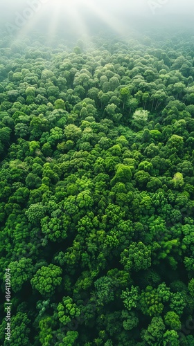 Aerial view of a lush green forest canopy with sunlight streaming through, showcasing the beauty of nature and dense vegetation.