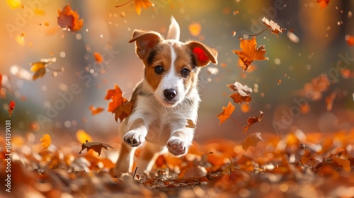 Cute puppy playing in autumn leaves with joyful expression photo