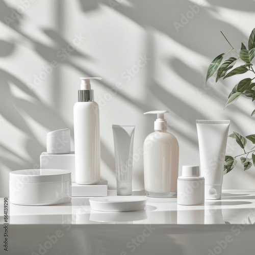 A collection of beauty products, including a bottle of lotion. Cosmetic concept © Worawee