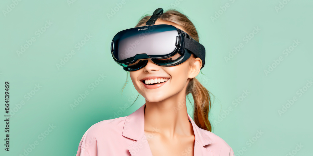 The girl is smiling in VR glasses The girl is smiling in VR glasses
