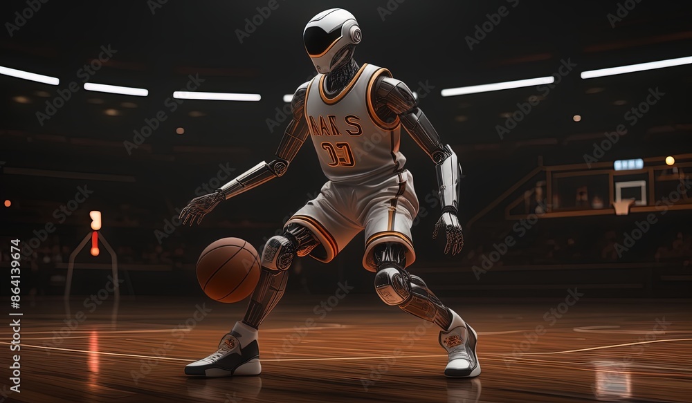 Fototapeta premium basketball robot player. robot wearing a jersey playing basketball. robot model basketball athlete.