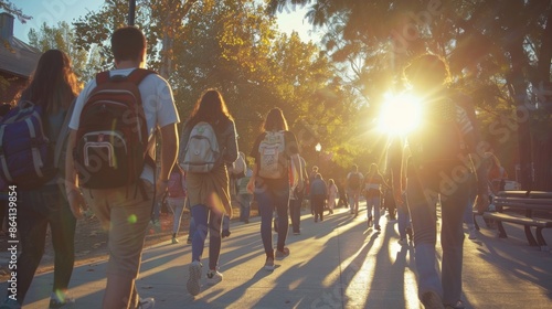 Students walking to school on a sunny autumn day © ColdFire