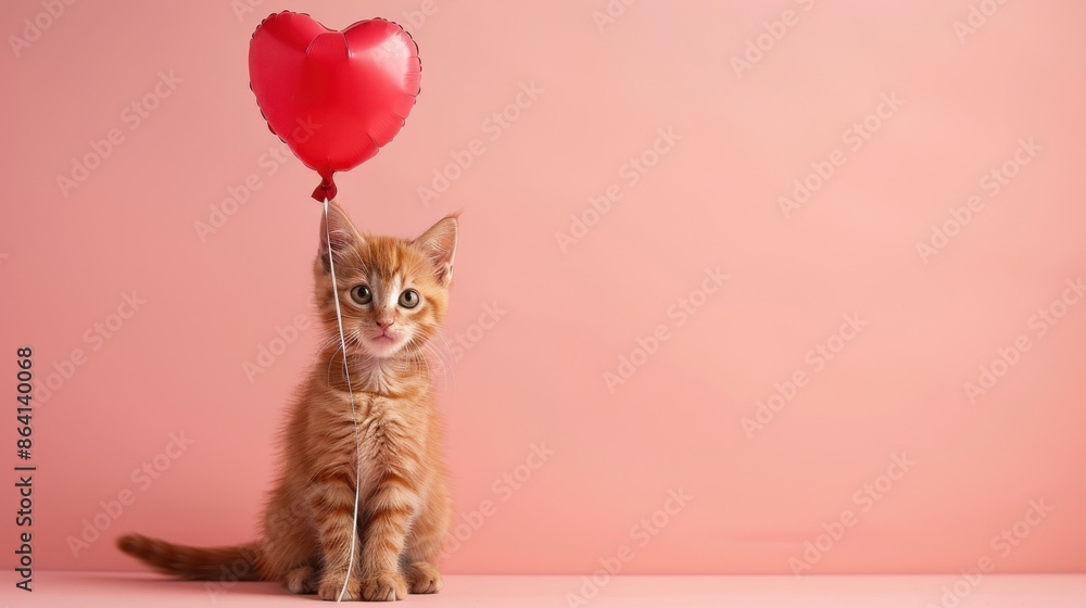 Fototapeta premium A cute orange kitten is holding a red heart in its mouth
