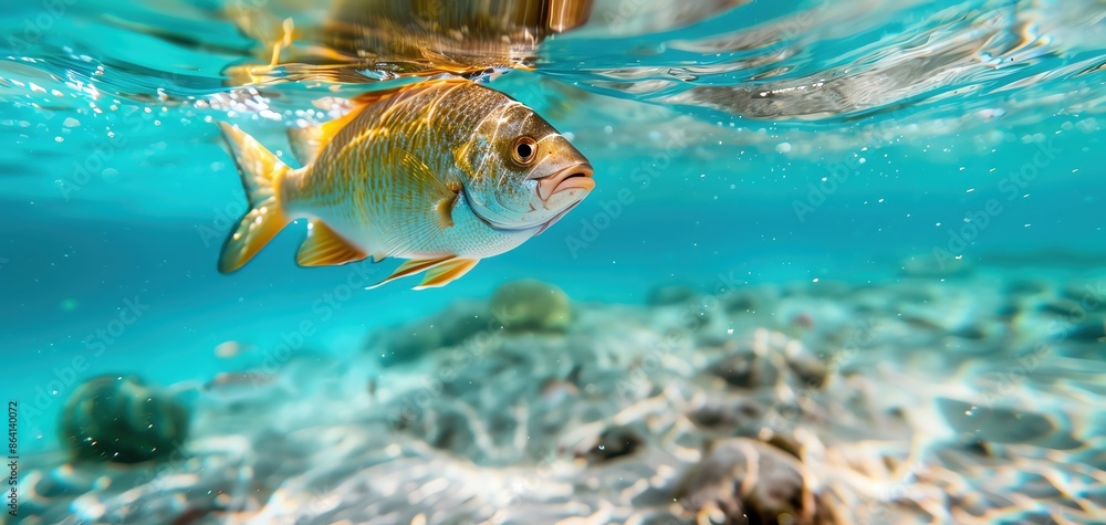 Fototapeta premium Underwater view of a fish swimming in clear blue water above a vibrant coral reef in the ocean, showcasing marine life and natural beauty.