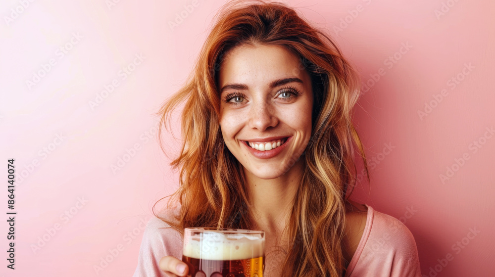 A happy Caucasian woman with wavy hair, holding a beer against a pink background A happy Caucasian woman with wavy hair, holding a beer against a pink background