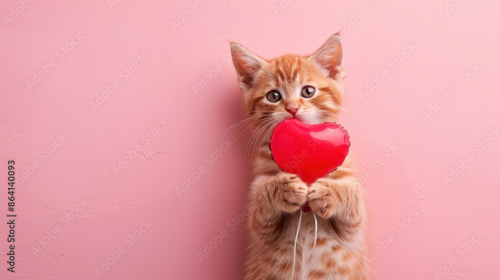 Obraz premium A cute orange kitten is holding a red heart in its mouth