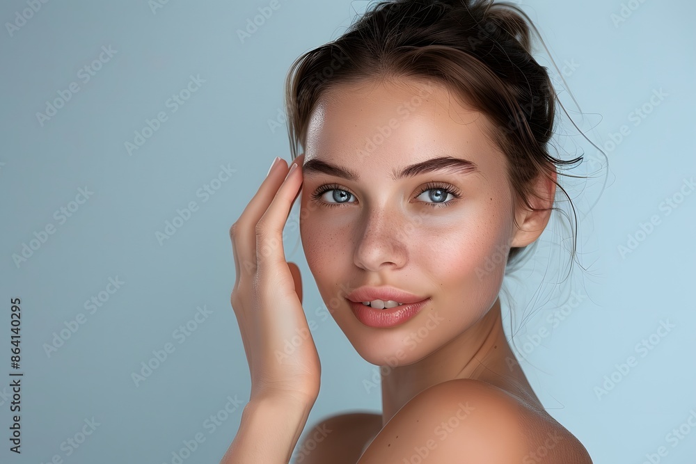 Beautiful female touching her skin, age 25, head and hair fully visible, without makeup, natural skin against light blue background Beautiful female touching her skin, age 25, head and hair fully visible, without makeup, natural skin against light blue background