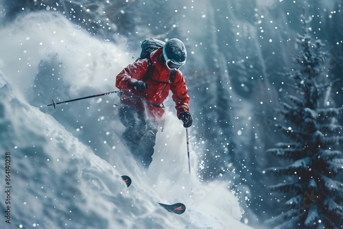 Thrilling Downhill Skiing Adventure in a Snowy Forest