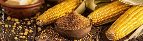 Close-up of fresh corn cobs and ground cornmeal in a rustic setting, showcasing a natural and healthy food ingredient. photo
