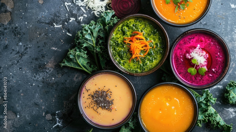 Bowls of orange juice paired with kale and coconut water and a combination of apple beetroot orange and carrot Bowls of orange juice paired with kale and coconut water and a combination of apple beetroot orange and carrot