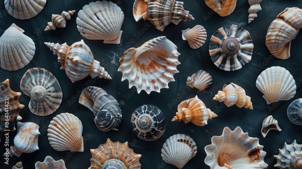 Black background with seashells Black background with seashells