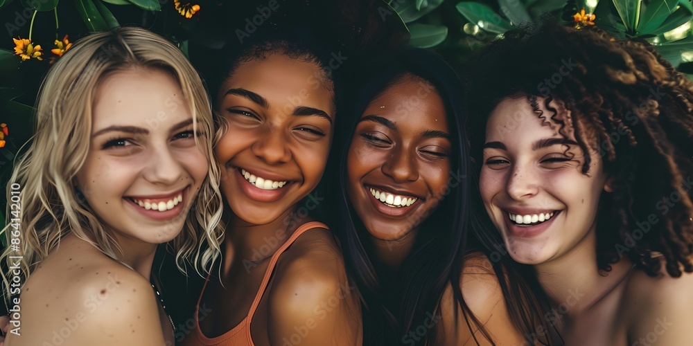 Fototapeta premium Four women with different hair types and skin tones are smiling and posing for a photo. Scene is happy and friendly, as the women are enjoying each other's company and sharing a moment together