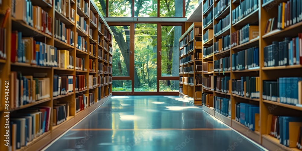 A library with many bookshelves and a large window. Scene is peaceful and quiet A library with many bookshelves and a large window. Scene is peaceful and quiet