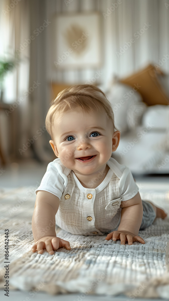 Fototapeta premium Cute baby crawling on the floor at home 