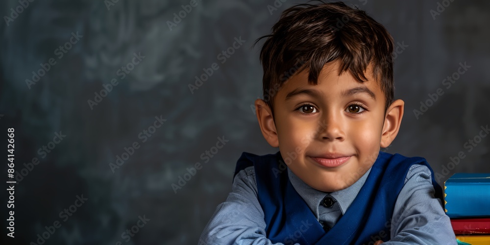 A young boy is smiling and sitting on top of a stack of books. Concept of innocence and curiosity, as the child appears to be enjoying his time with the books A young boy is smiling and sitting on top of a stack of books. Concept of innocence and curiosity, as the child appears to be enjoying his time with the books