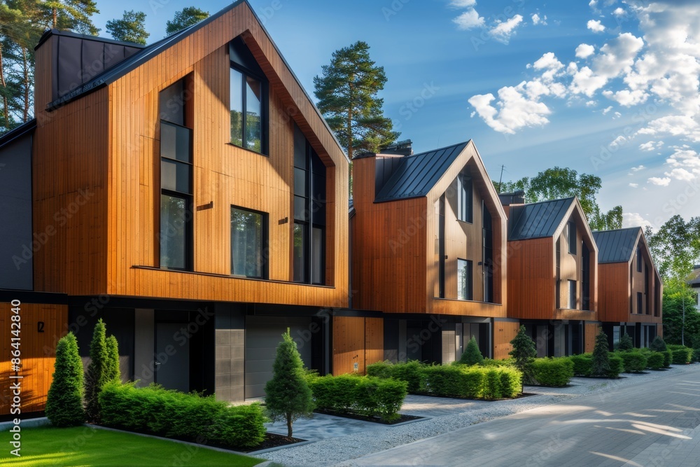 Fototapeta premium Discover the allure of modern living with a row of stylish townhouses featuring wooden cladding, showcasing innovative residential architecture.