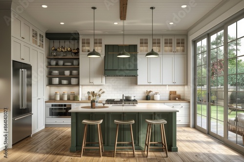Discover the comfort of a modern cottage kitchen with an island and stools, accented by farmhouse green and white cabinets.