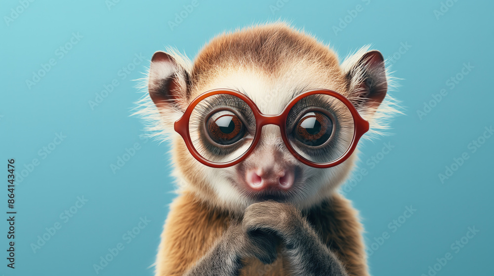cute slow loris wearing glasses with a pastel blue background funny animal. cute slow loris wearing glasses with a pastel blue background funny animal.