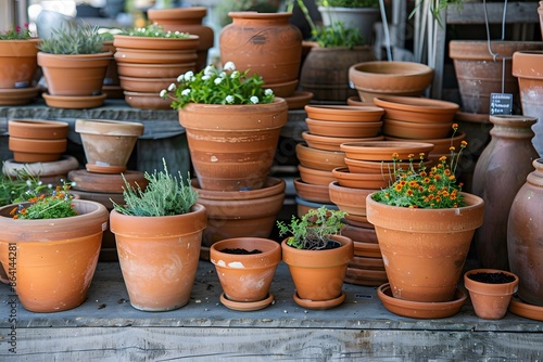 A Collection of Terracotta Pots with Blooming Flowers and Greenery © Valentin