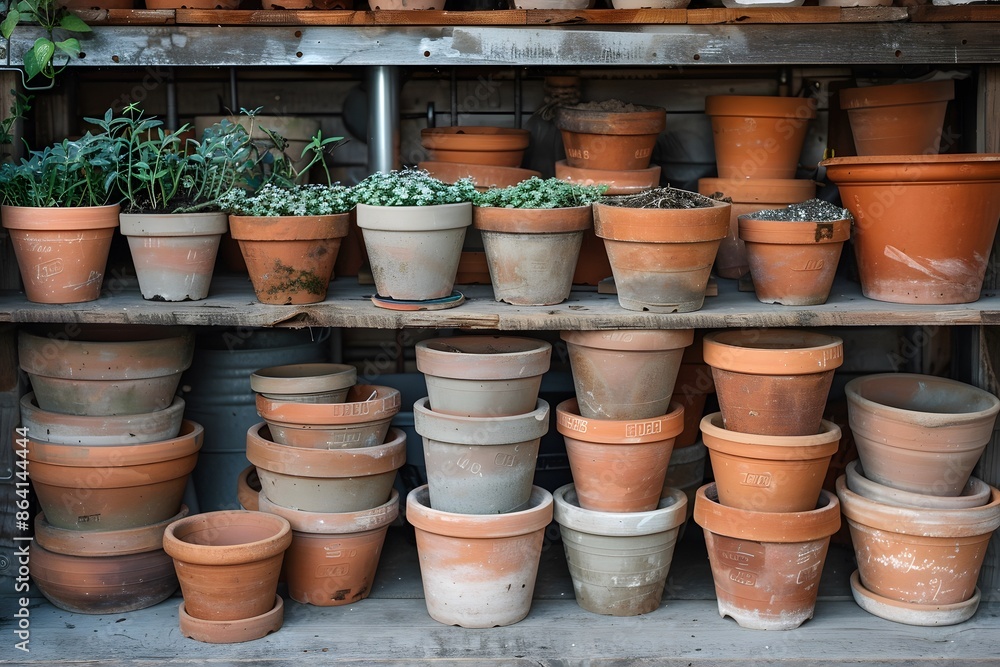 Shelves Filled with Terracotta Pots and Greenery Shelves Filled with Terracotta Pots and Greenery