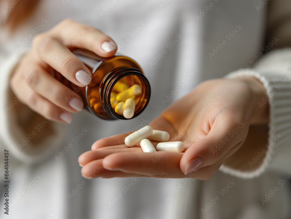 Young woman holding medical pill on hand. Pouring capsules from medicine bottle Young woman holding medical pill on hand. Pouring capsules from medicine bottle