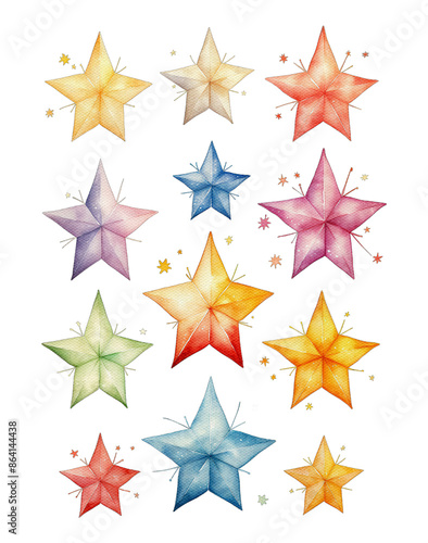 Colorful watercolor stars in various shapes and sizes. Ideal for art projects, scrapbooking, and stationery design.