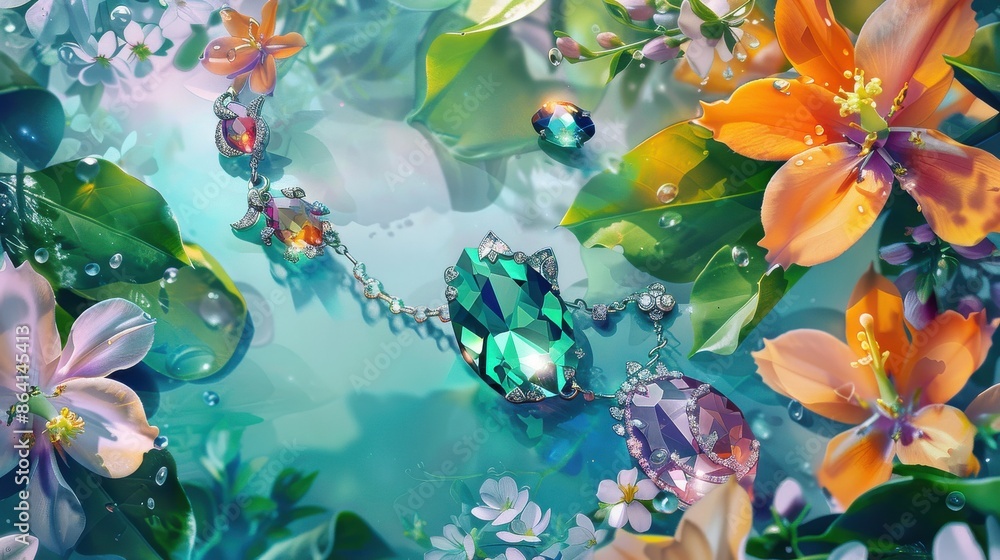 A stunning jewelry piece with a large green gemstone amidst a colorful floral background, capturing elegance and beauty. A stunning jewelry piece with a large green gemstone amidst a colorful floral background, capturing elegance and beauty.