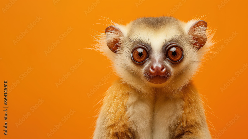 A cute slow loris on an orange background, looking at the camera with big eyes and curious expression A cute slow loris on an orange background, looking at the camera with big eyes and curious expression