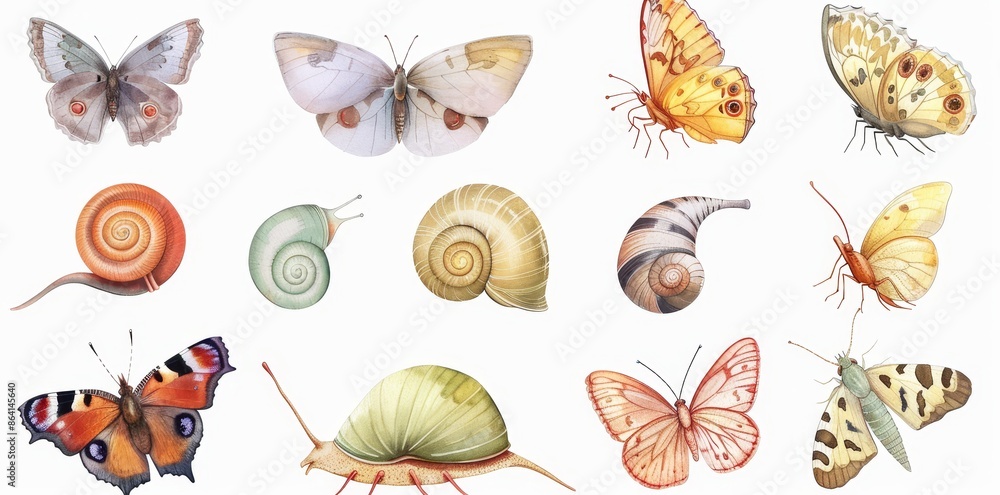 Isolated watercolor illustration of blue, yellow, pink, and red butterflies. Isolated watercolor illustration of blue, yellow, pink, and red butterflies.
