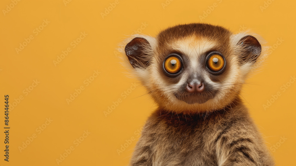 cute slow loris with big eyes looking at the camera on an isolated yellow background. A photo of an adorable baby animal, showcasing its soft fur and inquisitive gaze cute slow loris with big eyes looking at the camera on an isolated yellow background. A photo of an adorable baby animal, showcasing its soft fur and inquisitive gaze