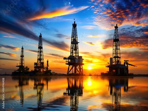 Oil Rigs at Sunset.