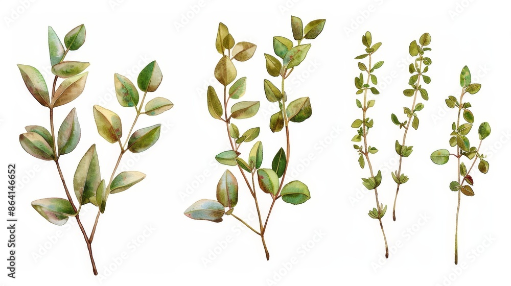 A set of three intricate watercolor thyme sprig leaves generated by AI A set of three intricate watercolor thyme sprig leaves generated by AI