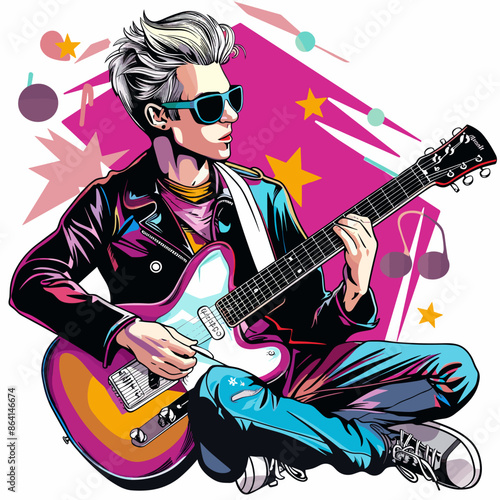 Vector illustration of a young man playing the electric guitar on a colorful background.