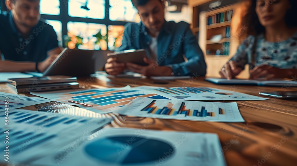 Business Team Analyzing Financial Reports in a Modern Office Business Team Analyzing Financial Reports in a Modern Office