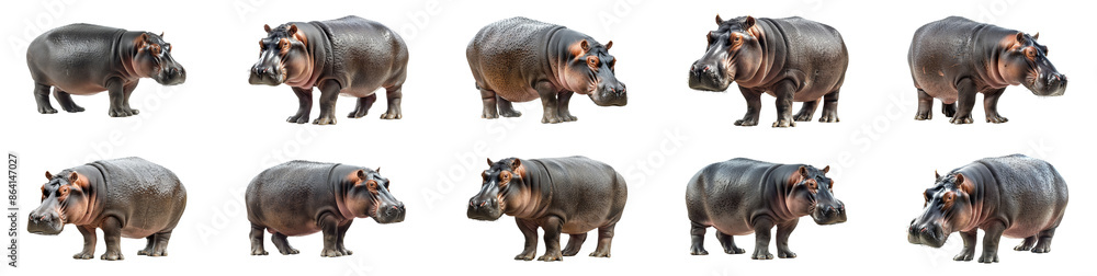 Eight hippos posing, cut out - stock png. Eight hippos posing, cut out - stock png.