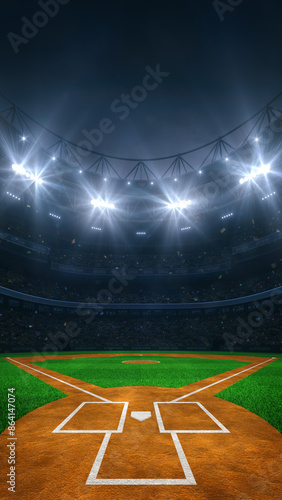 Modern sport stadium at night and baseball field ready for the match. Sports background as 3D illustration in vertical format for social media advertising.