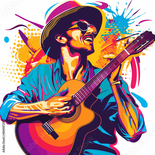 Guitar player in a hat and sunglasses. Vector illustration.