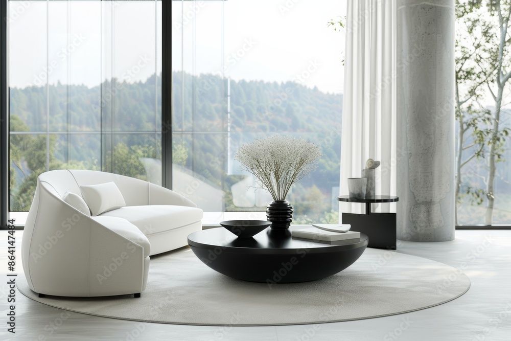 Elevate your living space with a round black coffee table, white sofa, and armchair, against the backdrop of floor-to-ceiling panoramic windows. Elevate your living space with a round black coffee table, white sofa, and armchair, against the backdrop of floor-to-ceiling panoramic windows.
