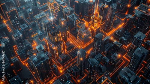 an aerial view of a futuristic financial district at night, where buildings are interconnected with glowing data streams photo