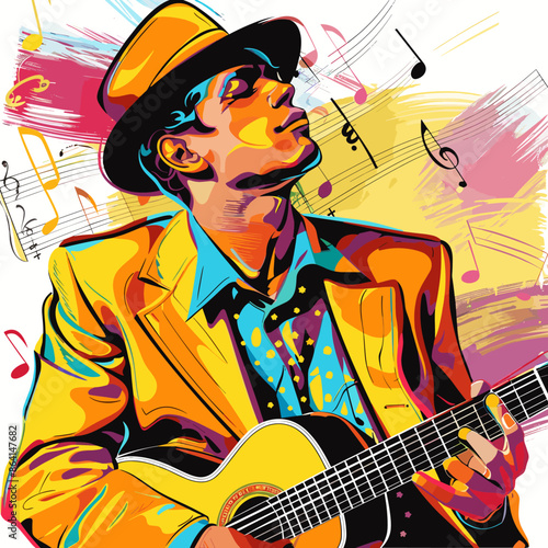 Vector illustration of a jazz musician playing the guitar on colorful background.