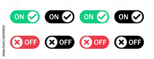 Mode on and off icon set in black, green and red color isolated. On and off switch buttons. Turn on or turn off button. Vector illustration.