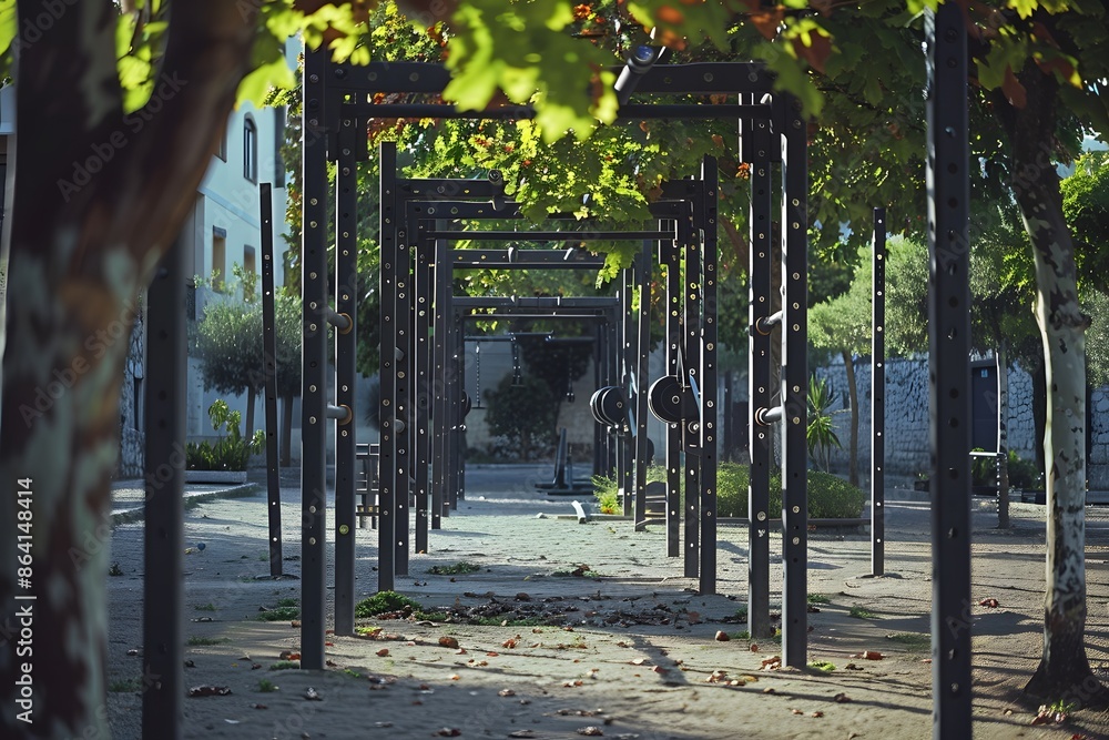 Fototapeta premium Tranquil Pathway with Metal Archways and Green Foliage